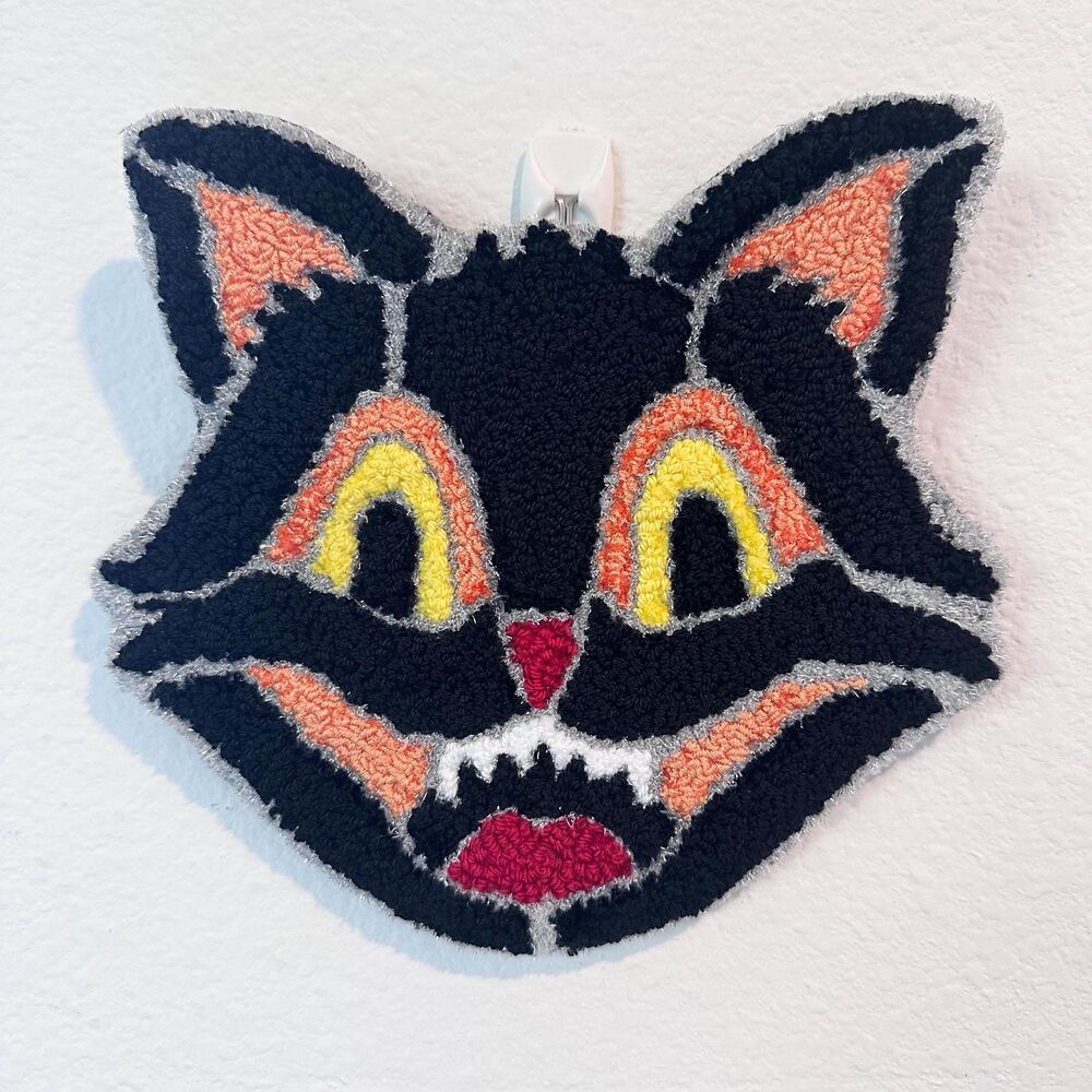 Retro Cat Halloween Stained Glass Inspired Punch Needle Wall Art 8x7 Inches Deco